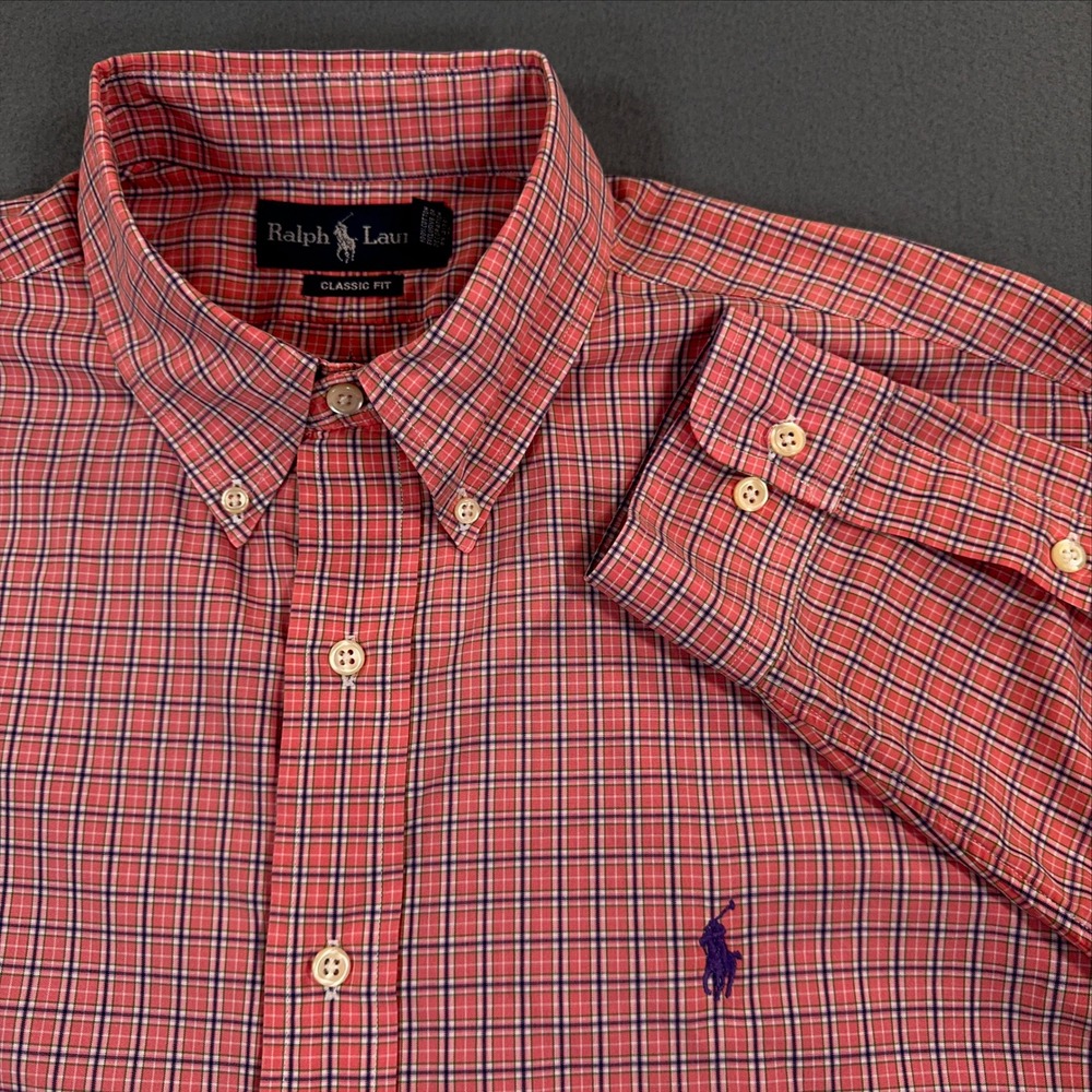 Ralph Lauren Classic Fit Mens 16.5 34/35 Red Plaid Cotton Button Down Shirt